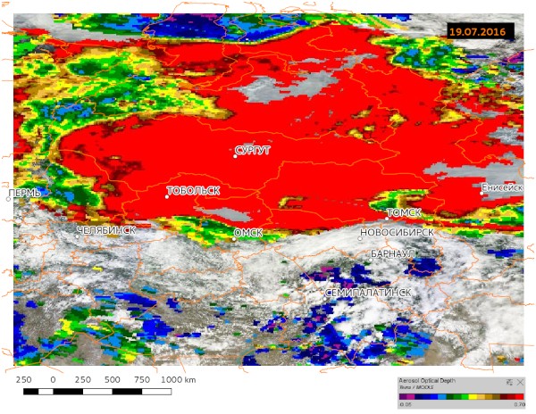 Аэрозольная оптическая толщина атмосферы, 19.07.2016