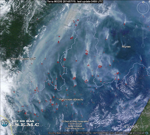Очаги пожаров на территории Восточной Сибири