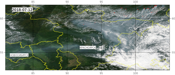 Задымление на мозаике данных MODIS